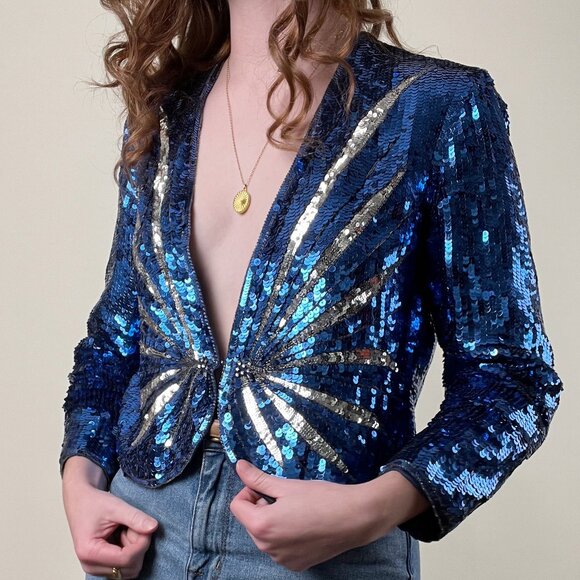 Vintage 100% Silk Sequin Beaded Starburst Long Sleeve Blazer Jacket Cardigan Top - Picture 2 of 7
